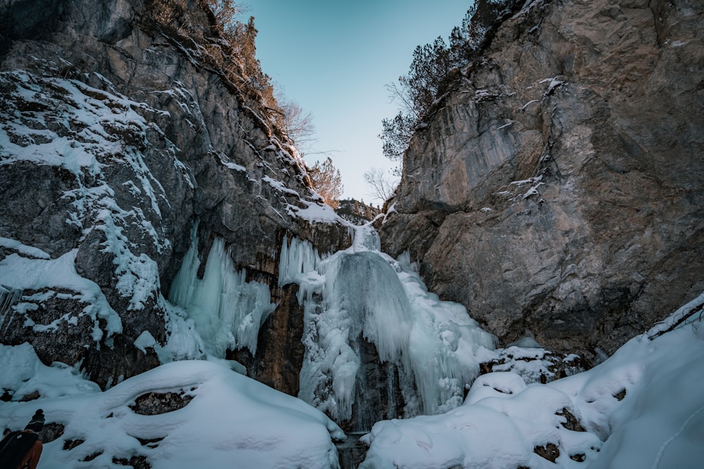 a frozen waterfall in the middle of a mountain