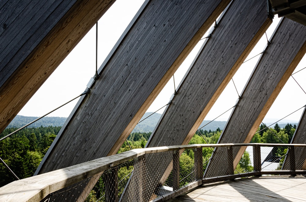 a wooden walkway going through a forest