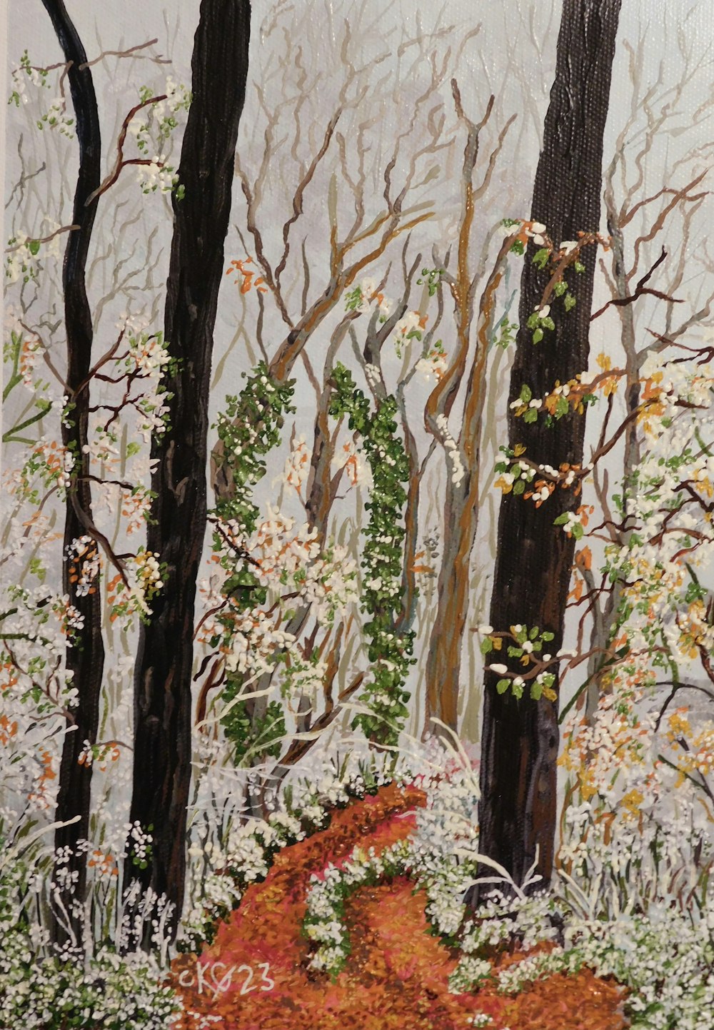 Una pintura de un camino a través de un bosque