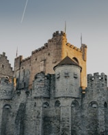 The historic Citadel of Aleppo bathed in warm sunlight with green Syrian flags fluttering nearby.