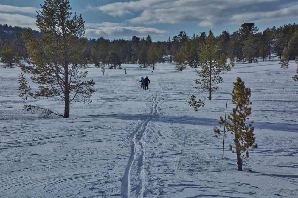 a couple of people walking across a snow covered field