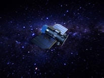 A futuristic spaceship navigating through a vibrant galaxy filled with swirling colors.