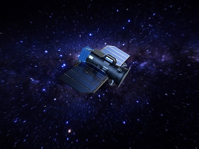 A spacecraft with solar panels navigates through a starry space backdrop, featuring arrays of purple and blue hues against a dark sky.