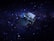 A spacecraft with solar panels navigates through a starry space backdrop, featuring arrays of purple and blue hues against a dark sky.