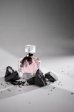 a bottle of perfume sitting on top of a pile of rocks