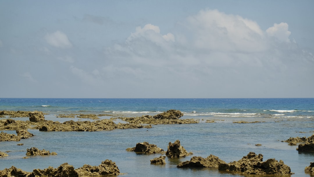 a large body of water surrounded by rocks,