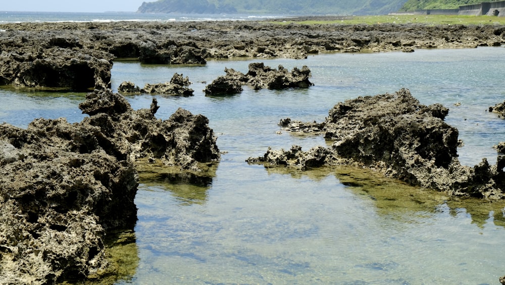 a large body of water surrounded by rocks