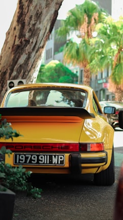 A beautifully restored old Porsche 911 in a scenic background.