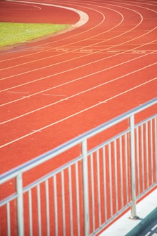 A curved running track with several parallel lanes is visible, featuring vibrant red surface and white lane markings. A railing is in the foreground, indicating a boundary or barrier. A patch of green grass is seen beside the track.