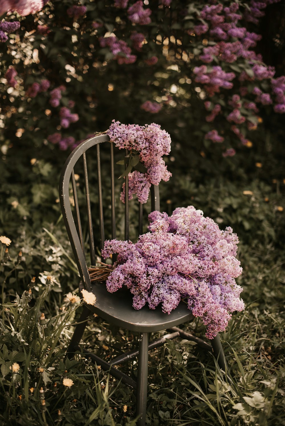 a chair with a bunch of purple flowers on it