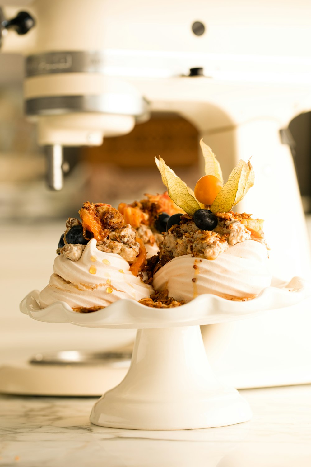 a dessert dish on a white plate on a counter