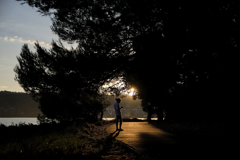 a person standing on a path near a body of water