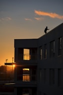 a person on a roof with the sun setting in the background