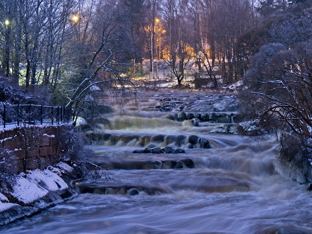 a river running through a forest covered in snow