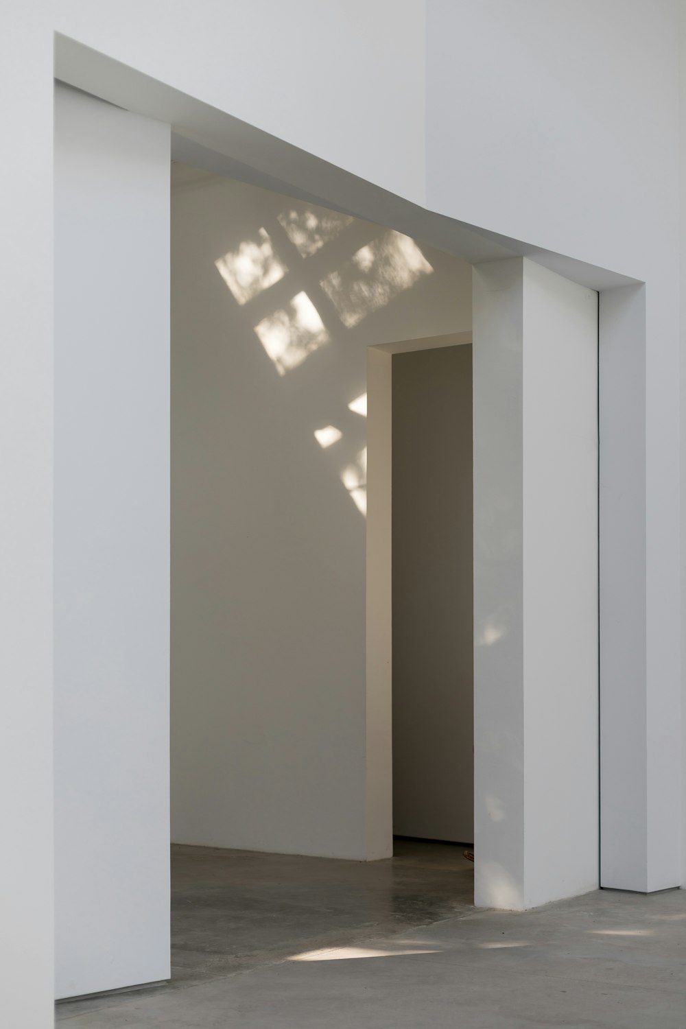 an open door in a white room with a shadow of a tree on the wall