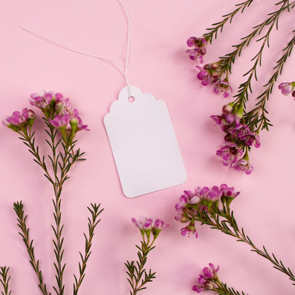 a pink background with purple flowers and a white tag