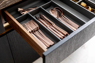 a drawer with utensils and spoons in it