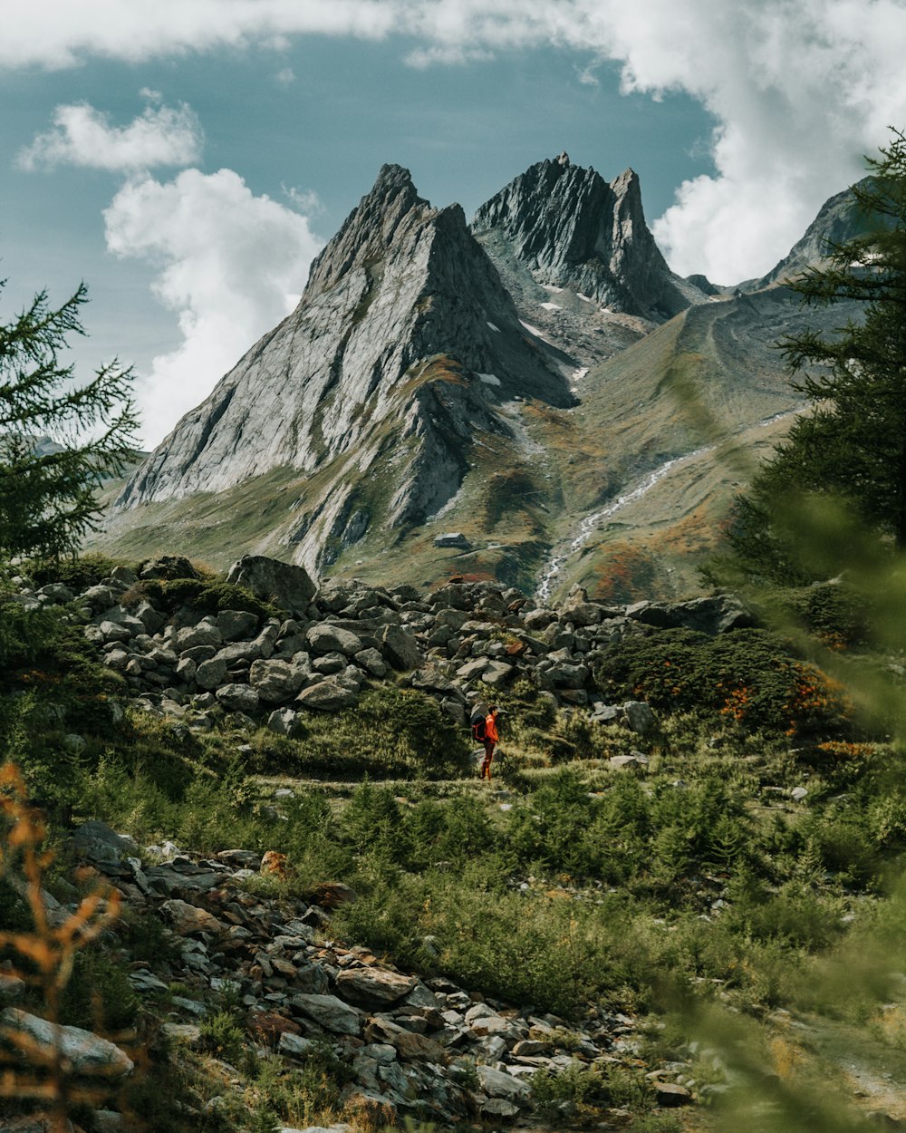a person walking on a rocky path in front of a mountain