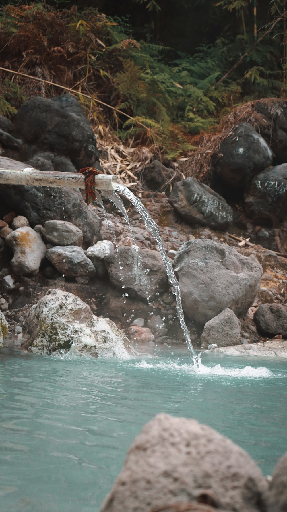 a pool of water with rocks and trees in the background