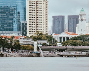 An urban cityscape featuring a waterfront with a prominent white statue resembling a lion with a fish body, known as the Merlion. The skyline includes a mix of modern skyscrapers and historic buildings, with a notable clock tower and the Victoria Theatre. A crowd of people is gathered near the waterfront, suggesting a busy and popular area.