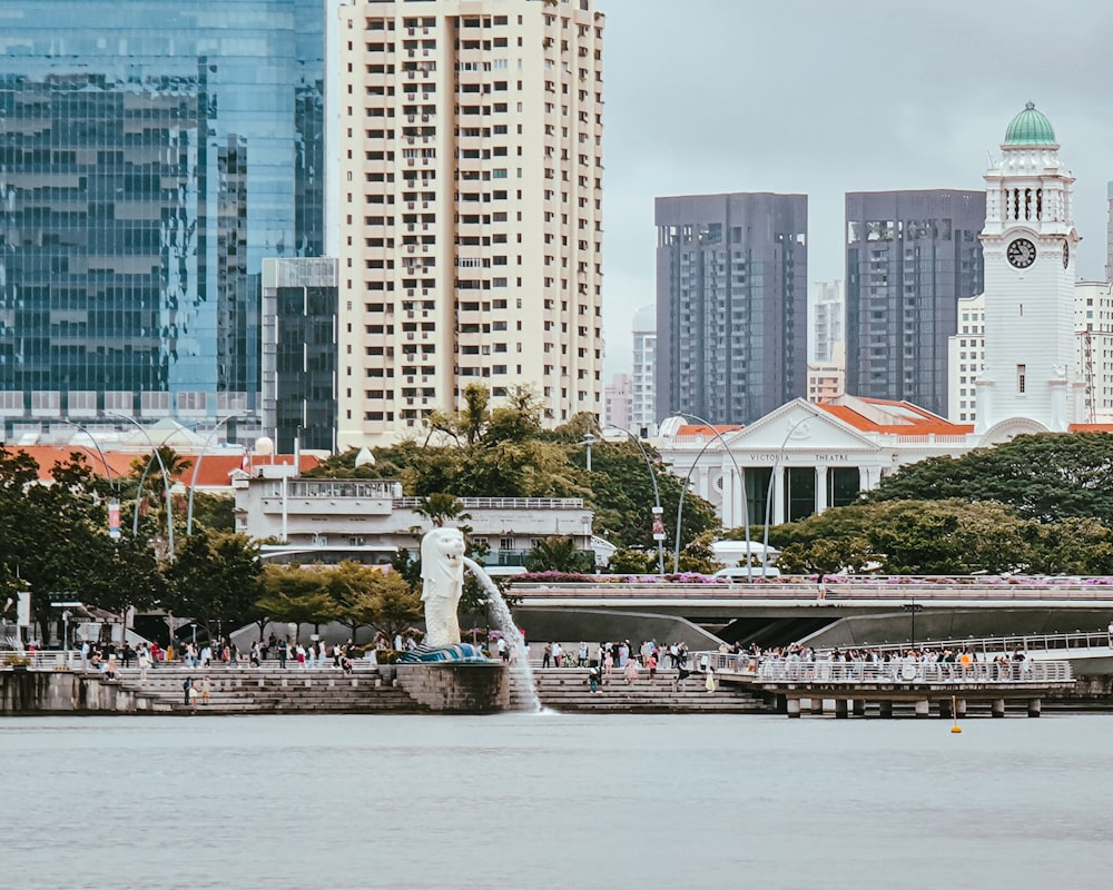 a large body of water surrounded by tall buildings