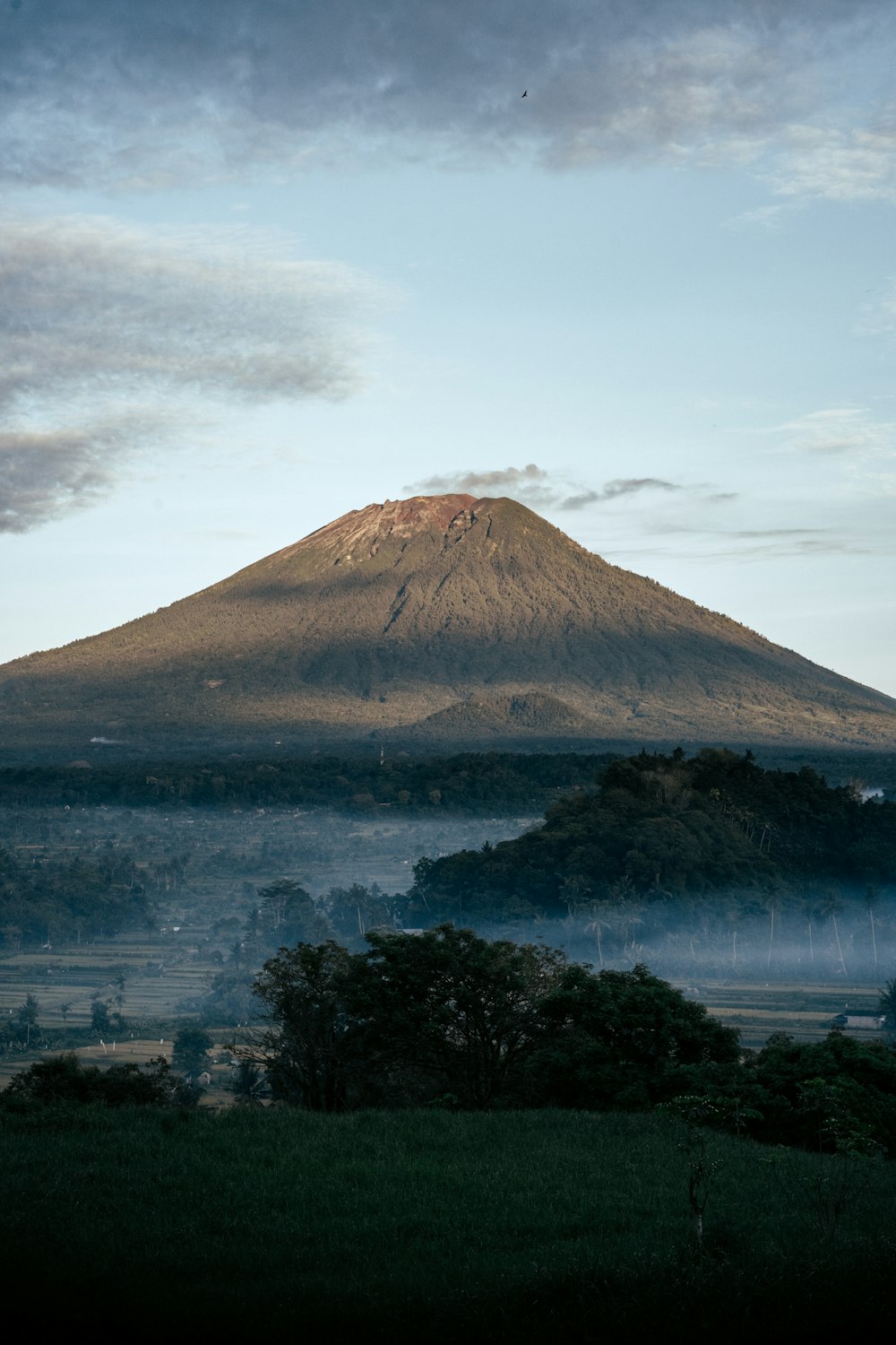 a large mountain with a few trees in the foreground