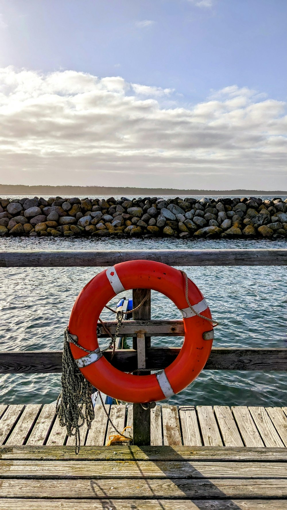 a life preserver sitting on a dock next to a body of water