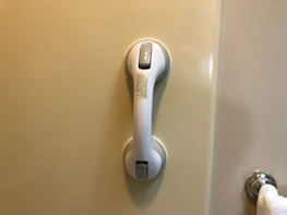 A professional installer fitting grab bars in a bright, accessible bathroom.