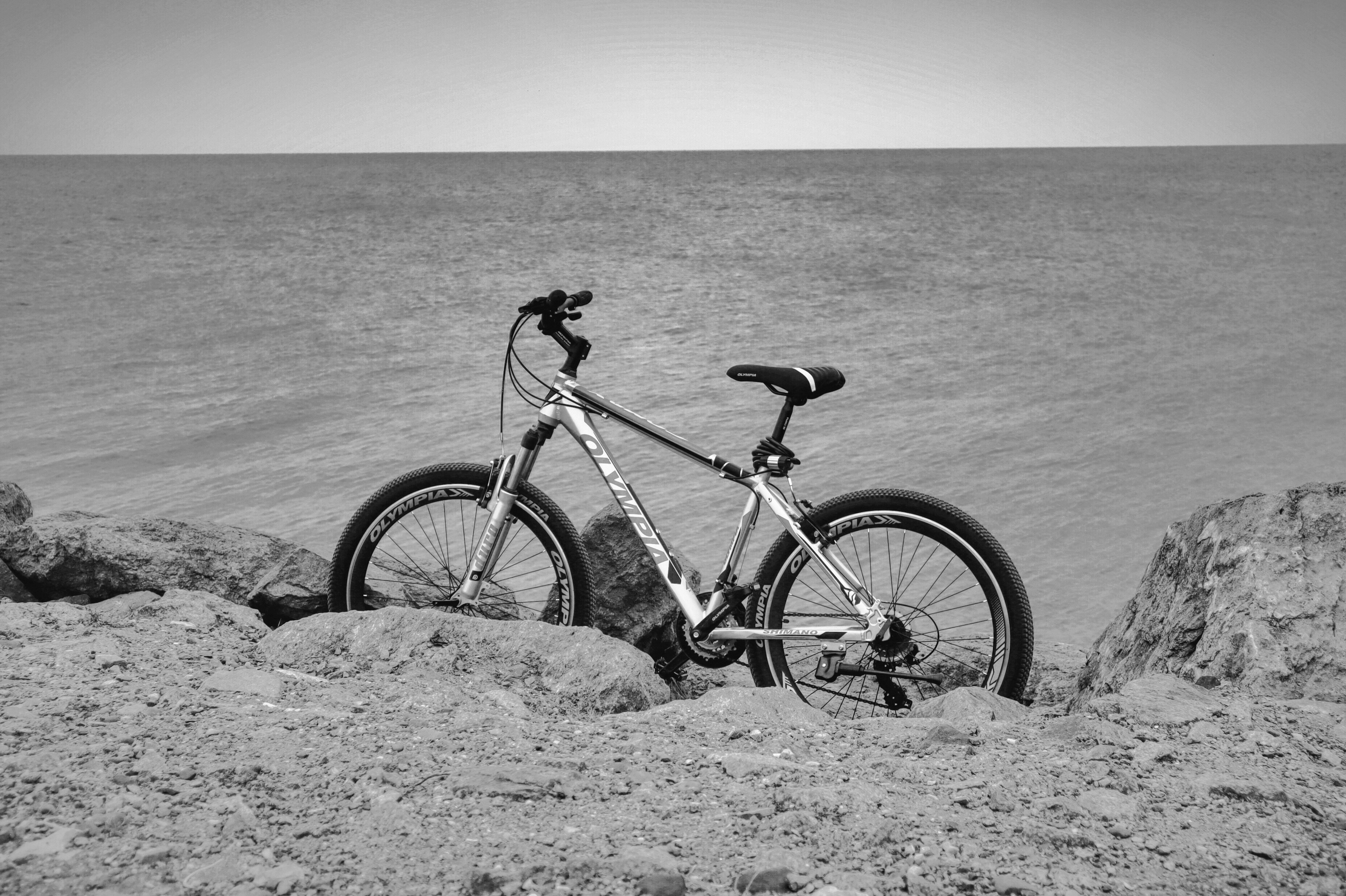 a bicycle is parked on a rock near the water