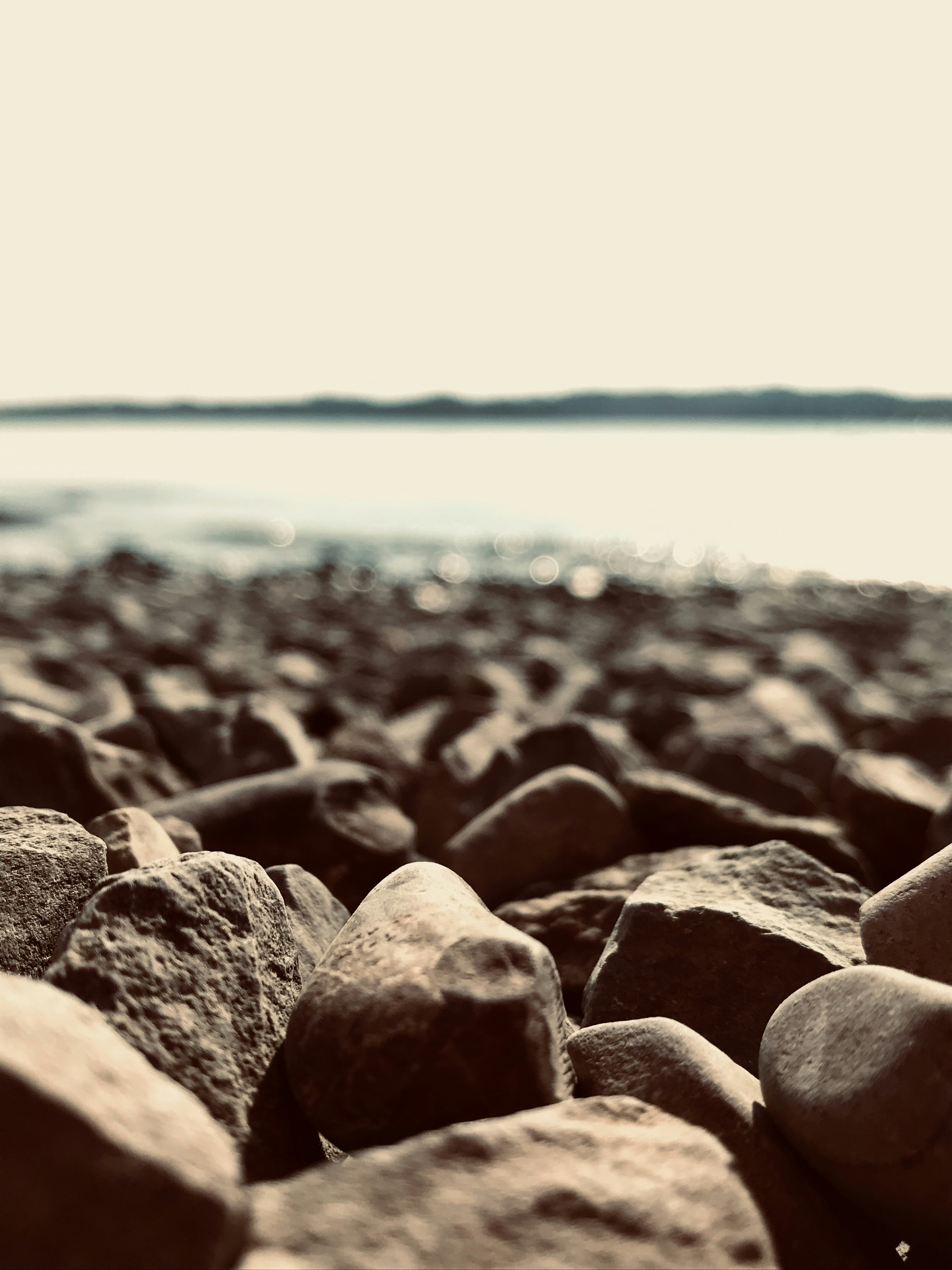 A close up of rocks on a beach with water in the background photo ...
