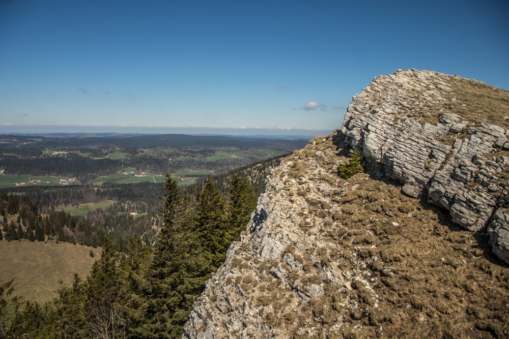 a view of a rocky outcropping with a valley in the distance