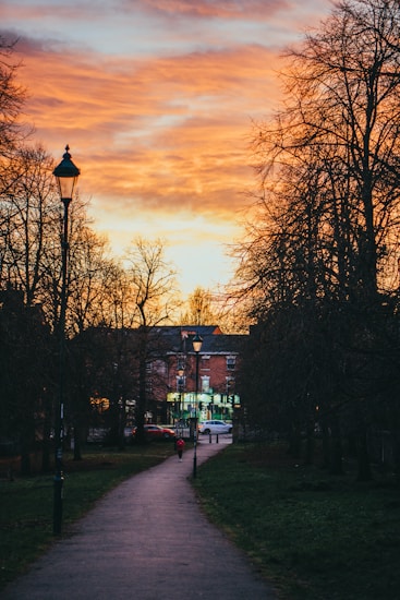 A pathway in a park lined with bare trees on both sides, leading towards a building with soft lighting in the windows. The sky above is an intense mix of orange and yellow hues typical of a sunset. A streetlamp stands alongside the path, and a small figure in a red jacket can be seen walking towards the building.