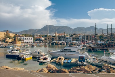 a harbor filled with lots of boats next to a mountain