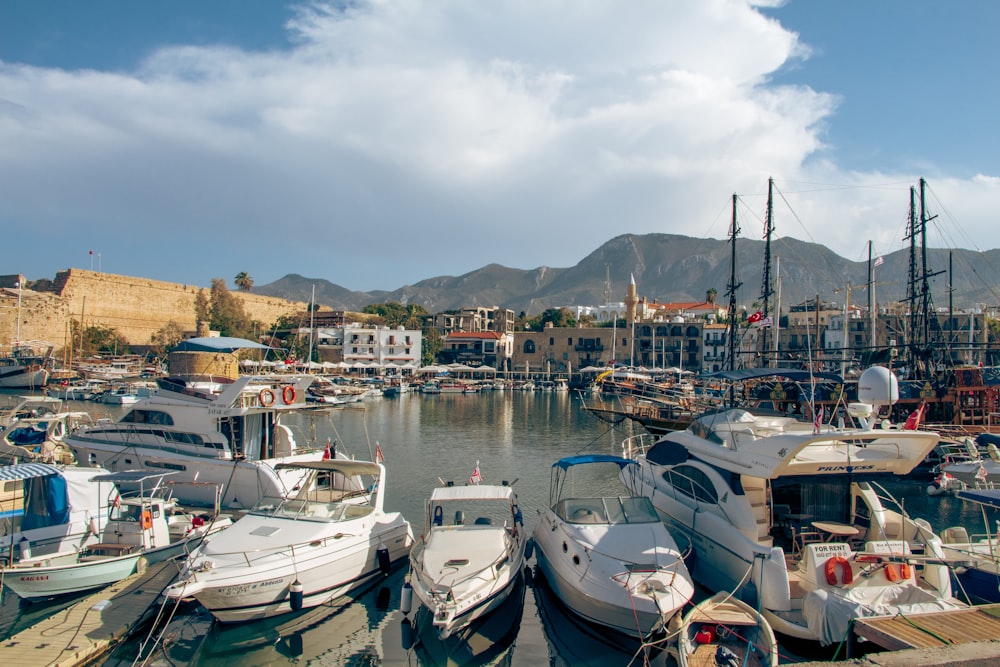 a harbor filled with lots of boats under a cloudy sky