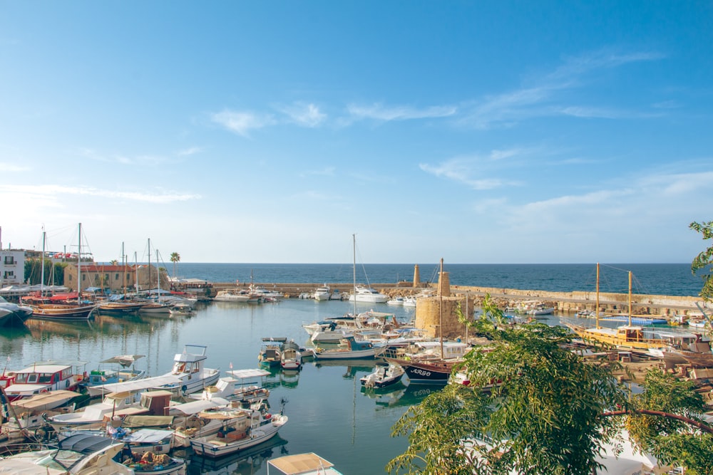 a harbor filled with lots of boats under a blue sky