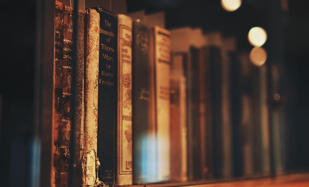 a row of books sitting on top of a wooden shelf