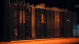 a row of books sitting on top of a wooden shelf