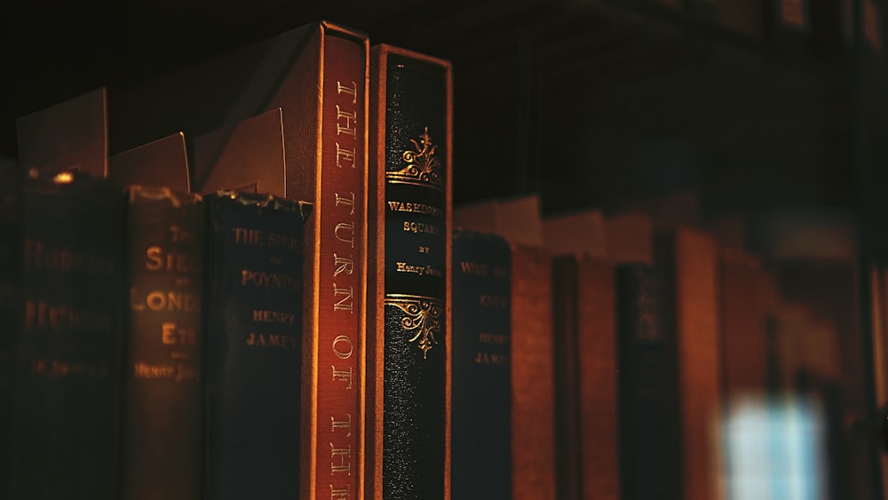 a row of books sitting on top of a shelf