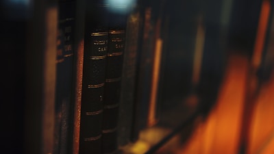 Leather-bound books with gold lettering are lined up on a shelf in dim, warm lighting, creating an atmosphere of nostalgia and history.