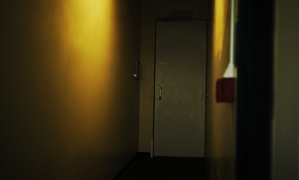 a dimly lit hallway leading to a door