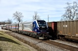A passenger train, labeled with 'Amtrak Midwest', travels alongside a freight train on parallel tracks. The area is open with leafless trees under a clear sky.