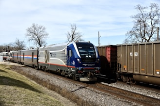 A passenger train, labeled with 'Amtrak Midwest', travels alongside a freight train on parallel tracks. The area is open with leafless trees under a clear sky.