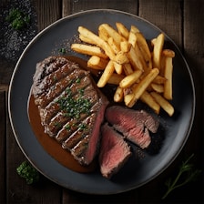 a steak and french fries on a plate