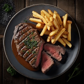 a steak and french fries on a plate
