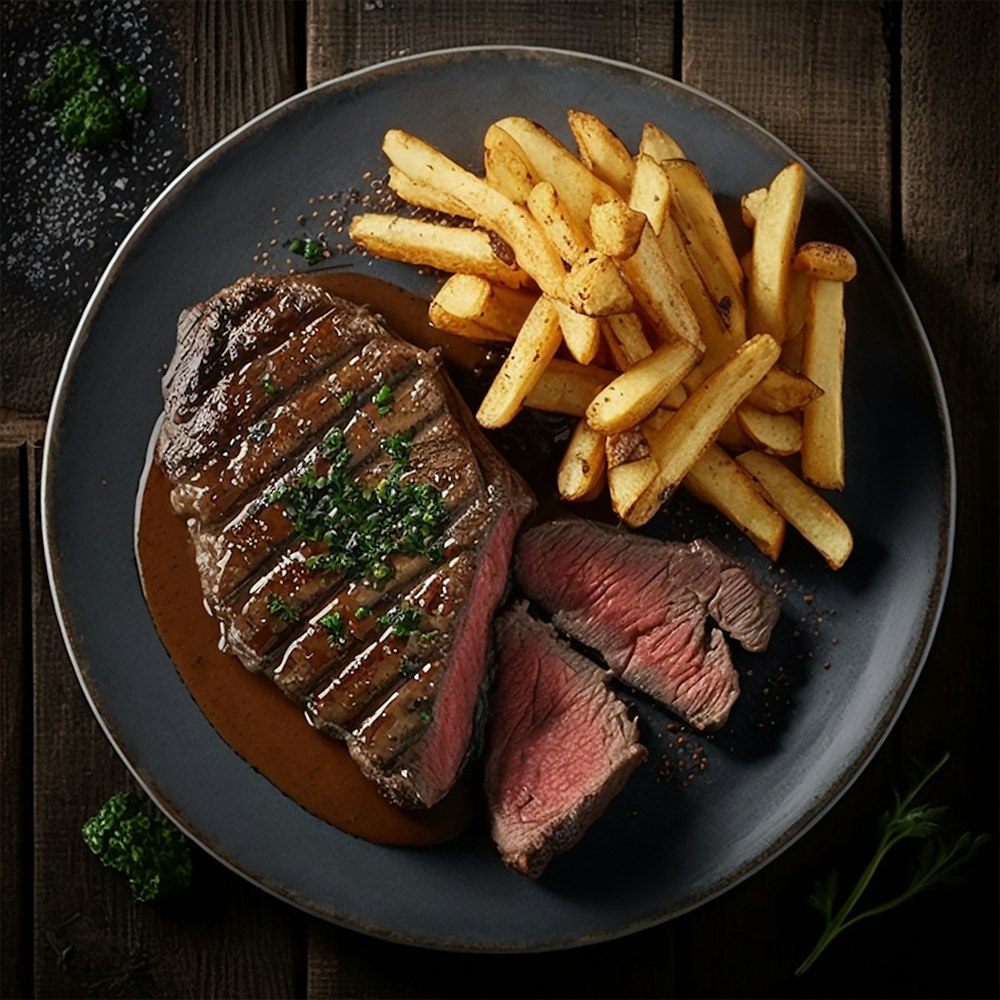 a steak and french fries on a plate