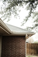 Part of a brick house with a gray tiled roof and overhanging eaves is visible. A small section of a wooden fence can be seen in the background alongside some trees with green leaves. A light fixture is attached to the house's corner under the roof eaves.