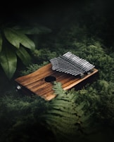 A wooden kalimba rests on a bed of lush green ferns and leafy plants, with the metallic tines reflecting soft light. The setting creates a harmonious blend of natural elements and musical artistry.