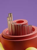 A digital artwork featuring a futuristic abstract structure composed of metallic cylinders emerging from a circular base, set against a smooth purple background.