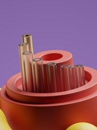 A digital artwork featuring a futuristic abstract structure composed of metallic cylinders emerging from a circular base, set against a smooth purple background.