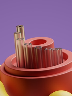 A digital artwork featuring a futuristic abstract structure composed of metallic cylinders emerging from a circular base, set against a smooth purple background.